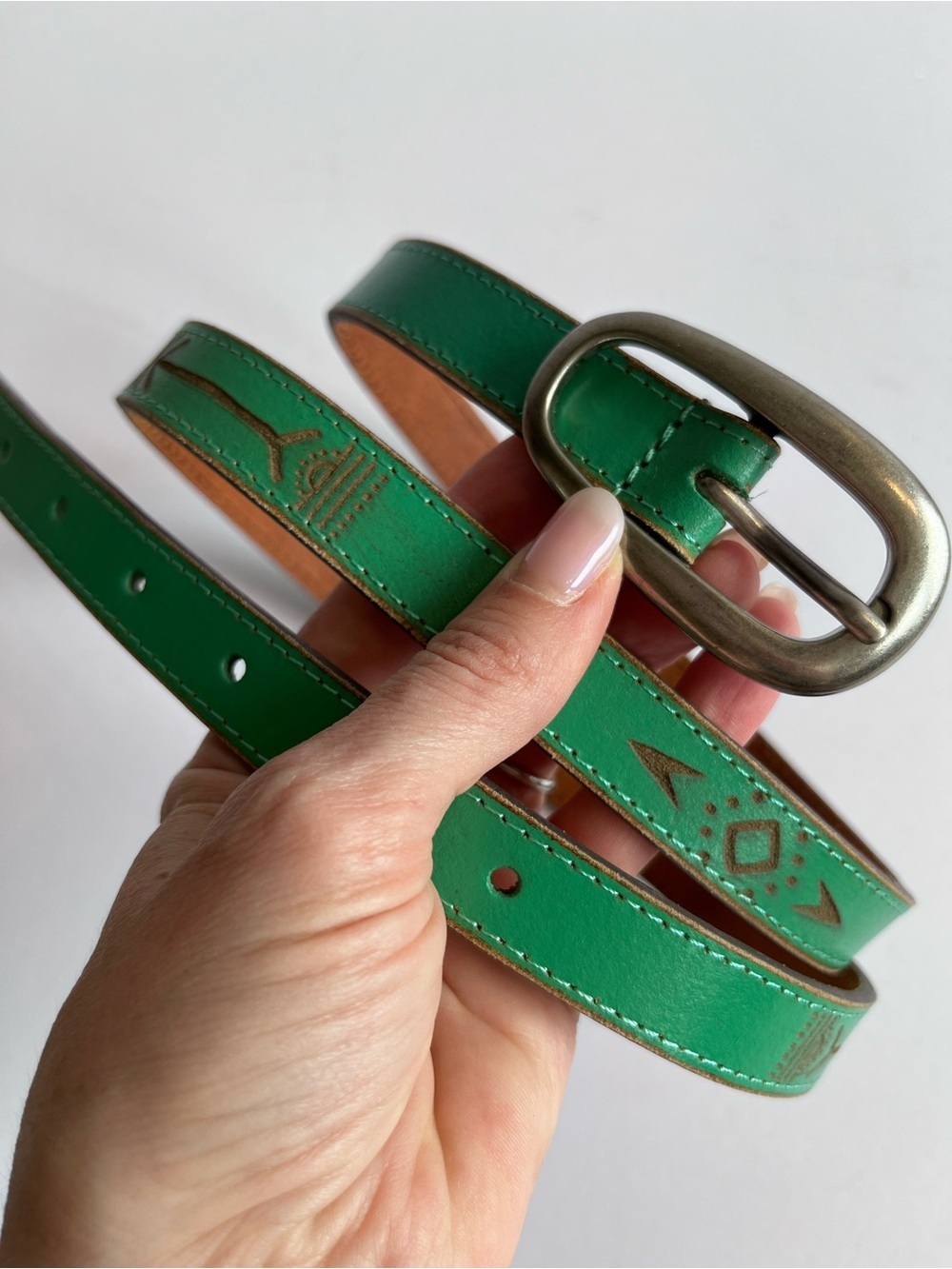 Green Leather Skinny Belt Boho Southwestern